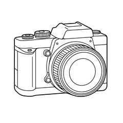 A camera is illustrated with prominent lens and dials outlined in black