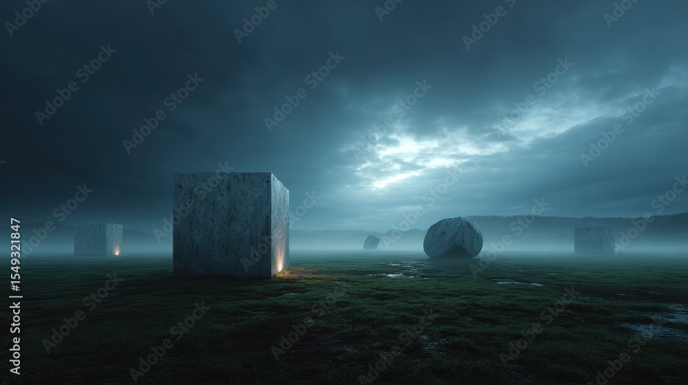 Aufkleber Geometric monoliths stand in the fog at dawn on a field in the early morning with trees and hills in the background
