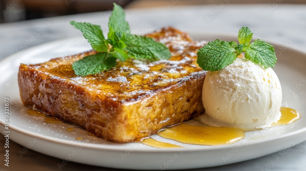 Poster a minimalist shot of a slice of honey toast on a white plate, elegantly garnished with honey drizzle