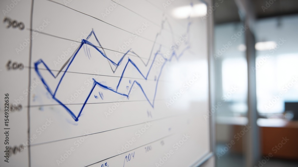 Poster A minimalist design of a financial graph on a whiteboard with clear markings, illustrating key performance indicators in a professional setting.