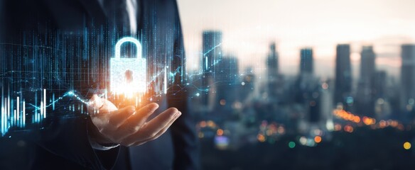 The digital security lock in a businessman's hand against a city skyline.