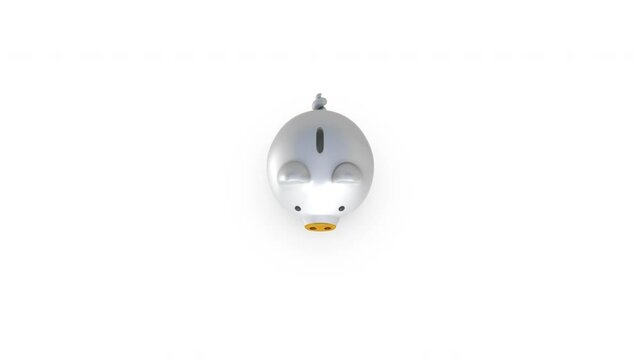 Top-view frame from 4K 3D animation showing golden coins falling from a silver piggy bank onto a clean white surface.