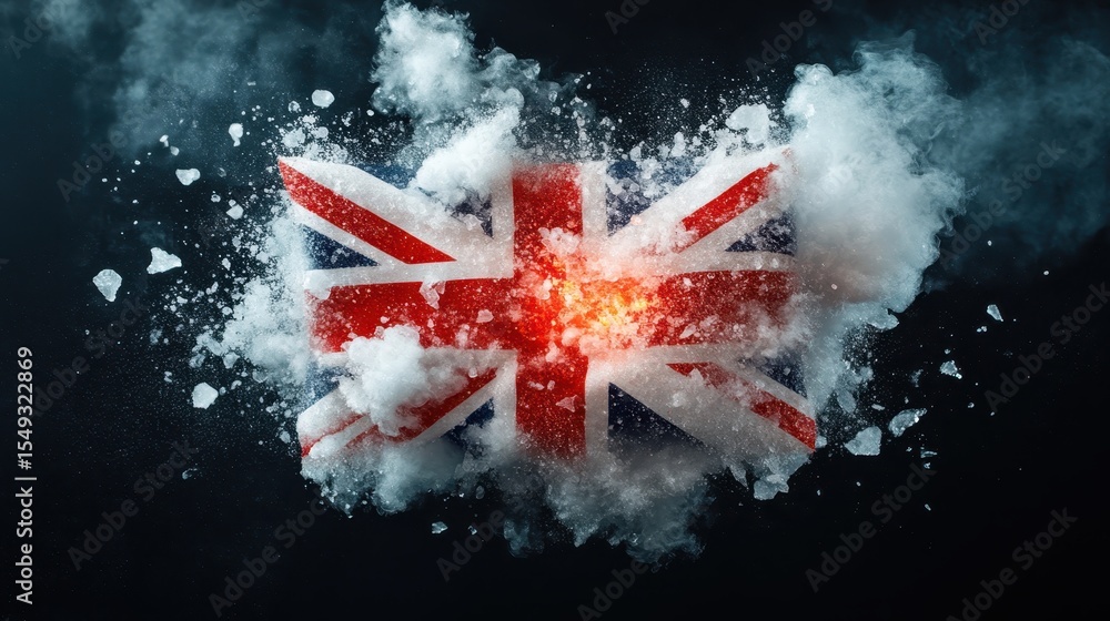 Poster the image showcases the union jack flag exploding with colorful smoke, symbolizing national pride an