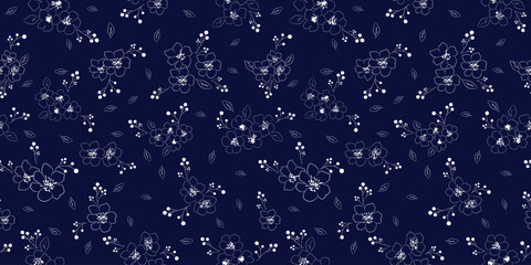 Seamless dark floral pattern with white abstract flowers on blue background for elegant textile, wallpaper, wrapping paper and digital use. editable