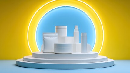 Stylish White Cosmetic Products Displayed on a Modern Minimalist Stage with Vibrant Yellow and Blue Neon Lighting