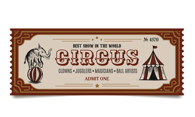 retro circus ticket with elephant and circus tent, vintage invitation to the show