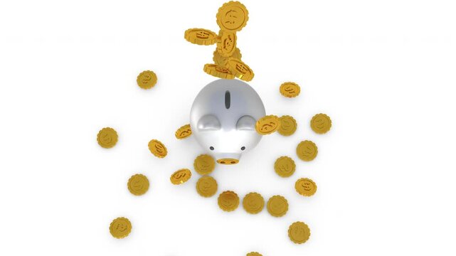 Top-view frame 4K showing golden coins falling from a silver piggy bank onto a clean white surface.