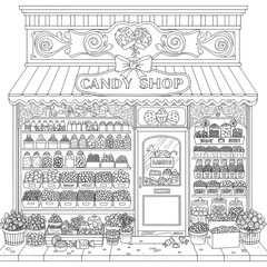 Candy Shop Illustration A black & white lined illustration of a detailed candy shop facade