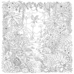 A detailed jungle scene with lush flora, animals, and a bird in flight, outlined for coloring