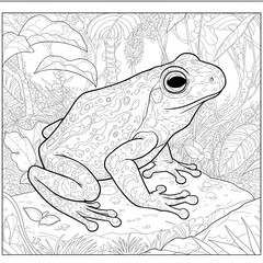 Naklejka premium Line art shows a frog amidst lush vegetation, great for coloring books or educational use