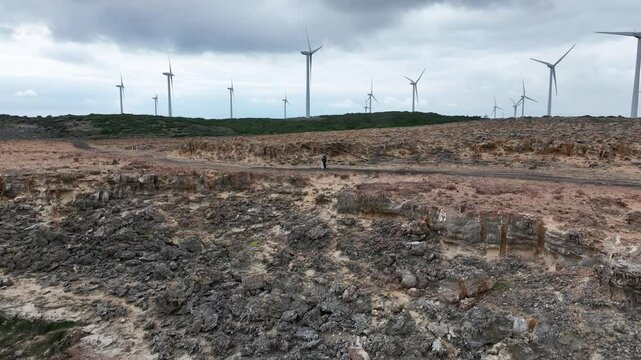 Drone Reveal of Wind Turbines on Rugged Cliffs by the Ocean at Cape Bridgewater