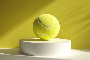 Dynamic tennis ball display on minimalist white platform vibrant yellow background artistic photography