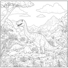 Fototapeta premium Prehistoric scene showcases dinosaurs amidst lush foliage and mountainous landscapes