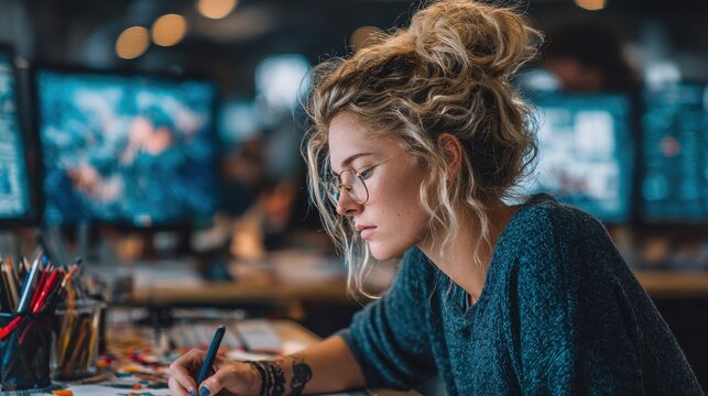 Young blonde Woman with glasses Checks Her Smartphone While Working on a Colorful Design at Her Desk during the Day in Her Studio - Powered by Adobe