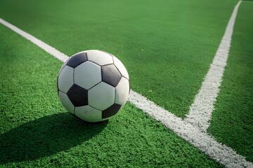 Classic Soccer Ball on Green Field Corner,  Sunlight,  Sport, Game, Competition
