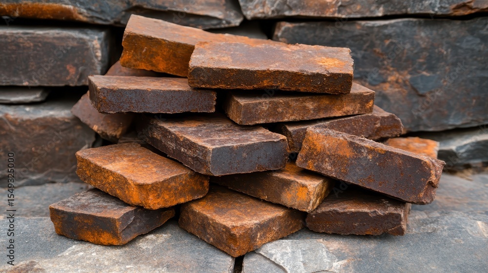 Poster a close-up of a stack of rusty bricks against a textured stone background, showcasing the intricate 