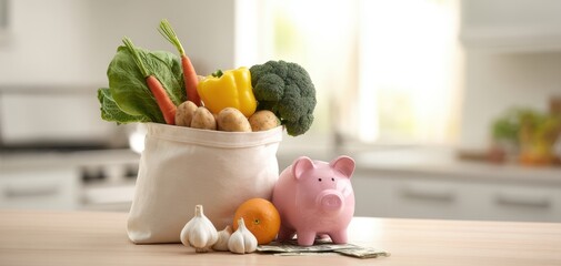 The colorful assortment of fresh vegetables and piggy bank on kitchen table.