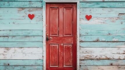 This inviting image features a bright red door framed by turquoise wood, adorned with heart decorations, evoking feelings of love, warmth, and welcoming ambiance.