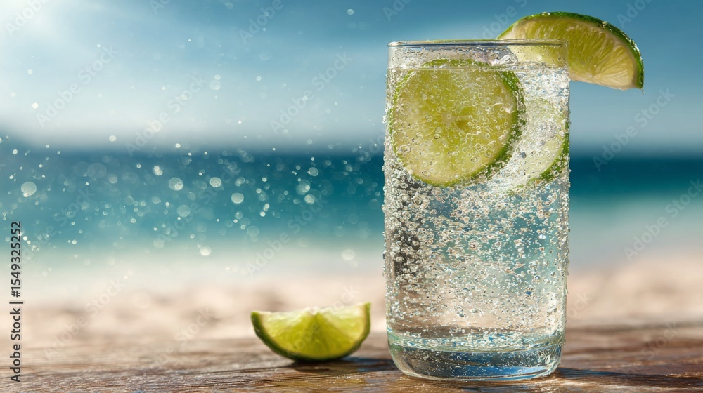 Poster a refreshing glass of sparkling soda on a summer day, with droplets of condensation, a lime wedge, a