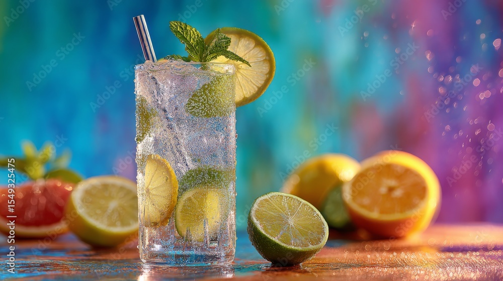 Poster a refreshing sparkling soda served in a tall glass with a straw, garnished with mint leaves and citr