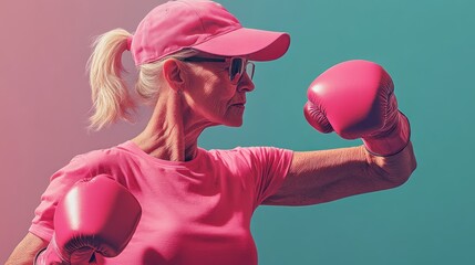 Naklejka na ściany i meble Determined Senior Woman in Pink Boxing Gear ready to fight her Illness