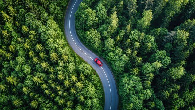 Winding road through dense forest. Aerial view