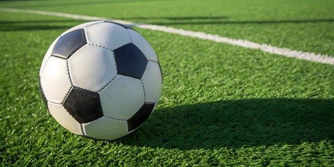 Classic Black and White Soccer Ball on Lush Green Artificial Turf Field