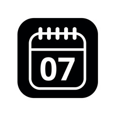 White hollowed out calendar icon isolated on black background for websites and graphic resources. Calendar flat icon with specific day marked, day 07.