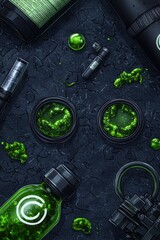 Fototapeta premium Abstract Green Liquid Containers on Dark Textured Background