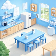 Bright and Cheerful Modern Kitchen with Blue Accents and Clean Design