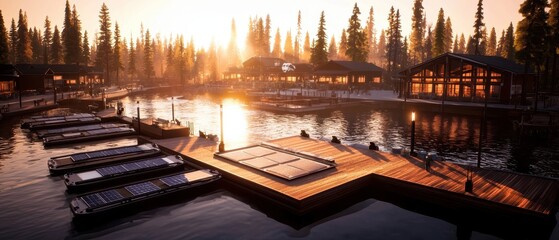 Fototapeta premium Scenic Lakeside Resort at Sunset with Reflection and Warm Colors