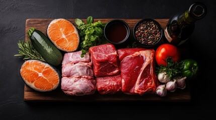 This vibrant image features an assortment of fresh meats like steak and pork, accompanied by a medley of healthy vegetables, showcasing a feast for the senses.
