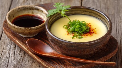 A rustic wooden table with a bowl of steamed egg custard, garnished with chopped spring onions and coriander, accompanied by a side dish of chili soy sauce.
