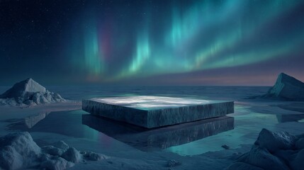 glacial ice podium for arctic research. Climate science specimen platform. Copy space. Generative AI