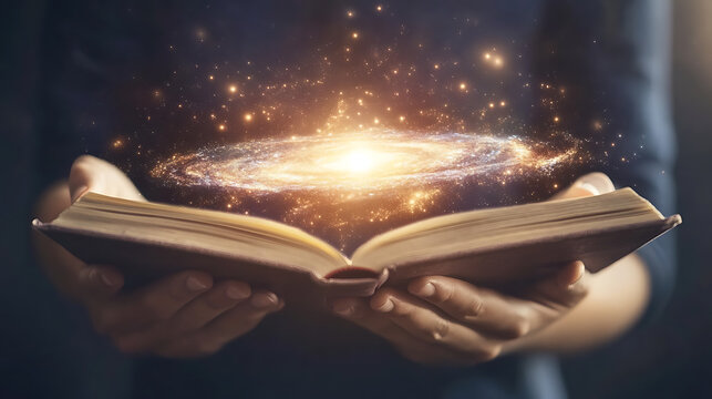 Hands holding an open book with a glowing cosmic galaxy emerging from its pages