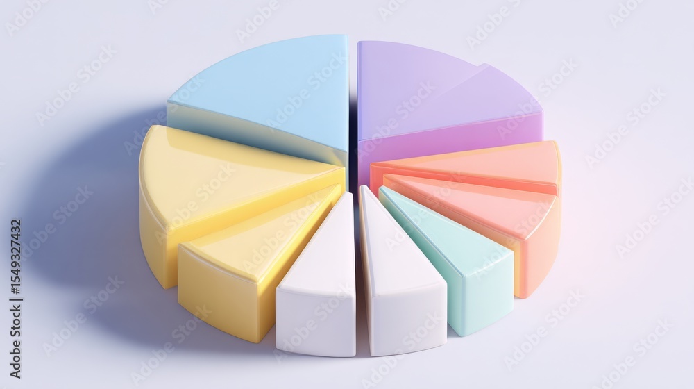 Aufkleber A segmented D pie chart with vibrant, pastel-colored slices, casting realistic shadows on a white base, ideal for a modern data display
