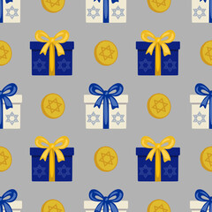 Seamless vector pattern of Hanukkah gifts, gold coins, and Star of David symbols, perfect for festive backgrounds and holiday designs.