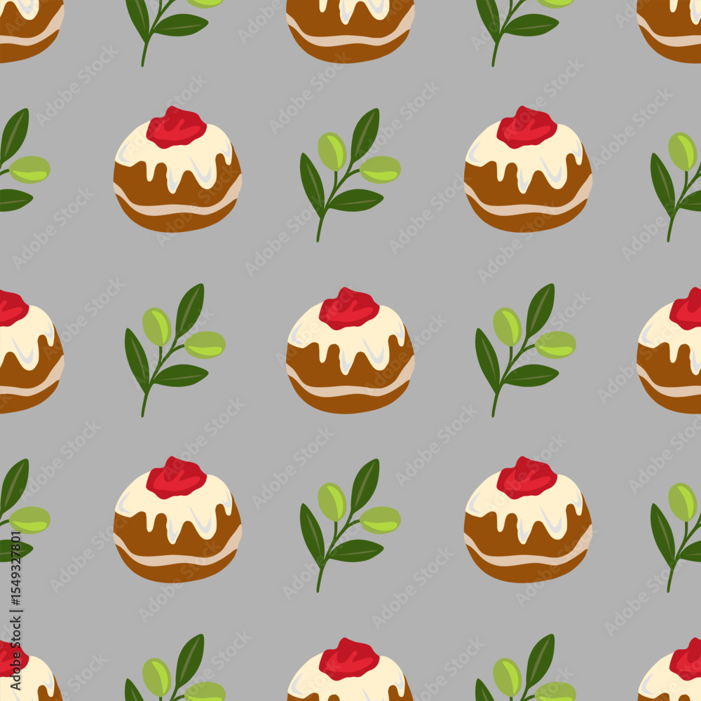Poster seamless vector pattern featuring delicious sufganiyot with red jam topping and olive branches, perf