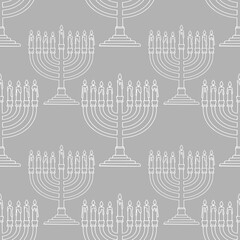 Seamless vector pattern of minimalistic grey Hanukkah menorahs with melting candles, ideal for festive backgrounds and holiday designs.