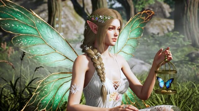 Beautiful Fantasy Fairy with Butterfly in Magical Forest Holding Golden Cage, 3D Illustration in Daylight