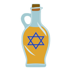 Vector illustration of a glass bottle with a handle filled with golden oil and a blue Star of David, a symbolic representation for Hanukkah celebration.