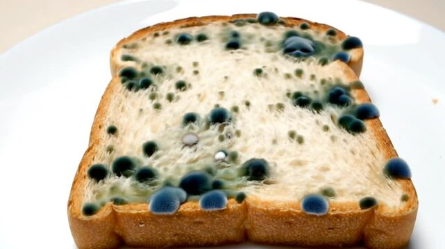 Close-up timelapse of mold forming and spreading on plain bread slice in a clean studio setup. Ideal for food safety, health education, and spoilage awareness content.