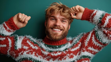 Fototapeta premium A happy young man wearing a festive Christmas sweater, joyfully posing with raised arms against a teal backdrop, exuding warmth and holiday spirit.