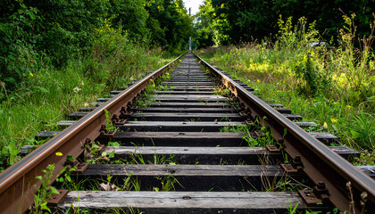 Tranquil image of railroad tracks disappearing into the distance, framed by vibrant green foliage. Metaphor for journeys, paths, choices, and possibilities.