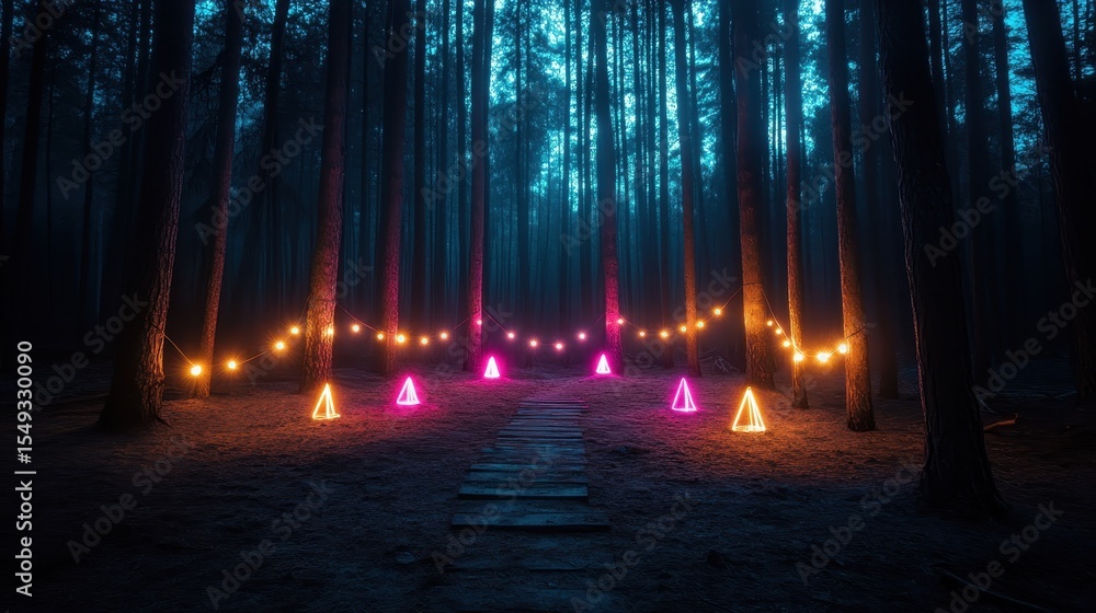Poster an enchanting forest scene where colorful lights are strung between trees, creating a magical and in