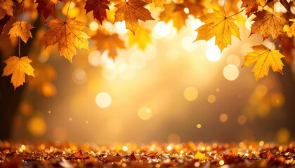 Autumn leaves falling in a sunlit forest nature photography warm atmosphere close-up view seasonal beauty