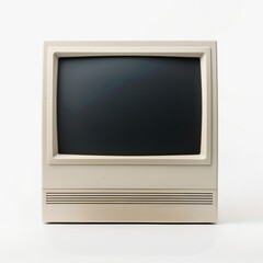 Vintage CRT computer monitor with black screen television white background electronics.