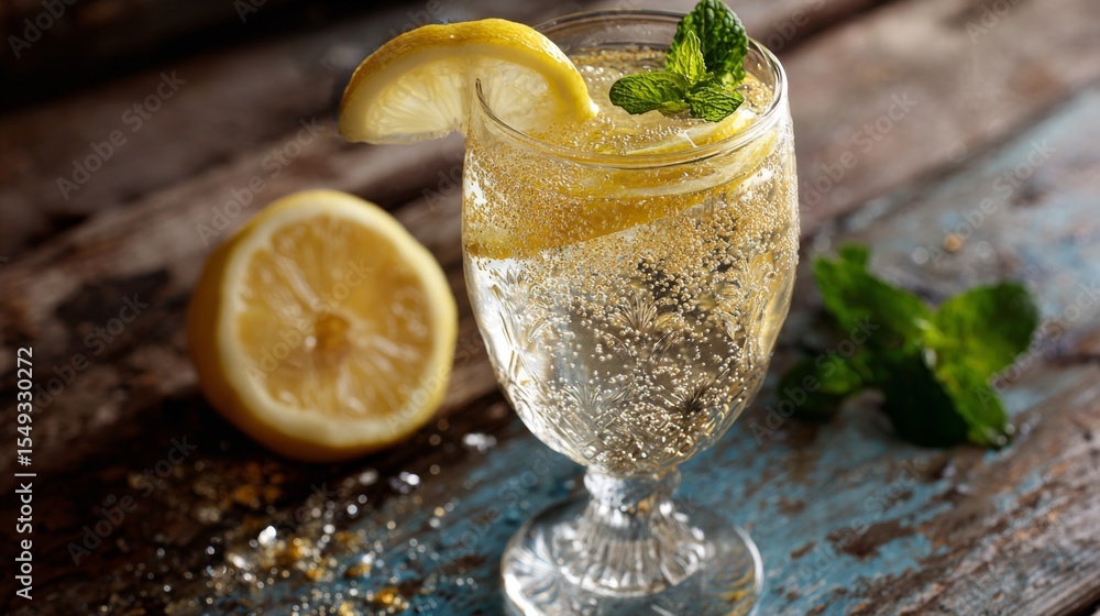 Poster a sparkling soda served in a vintage-style glass, with bubbles rising, a slice of lemon, and a hint 