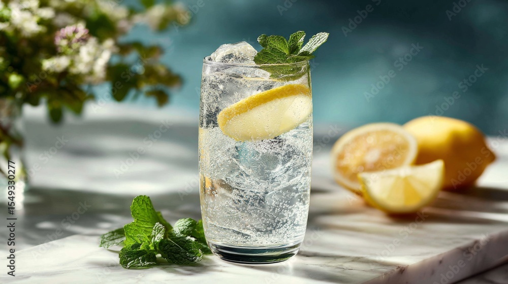 Poster a sparkling soda served in a clear glass with ice, accompanied by a slice of lemon and a mint sprig,
