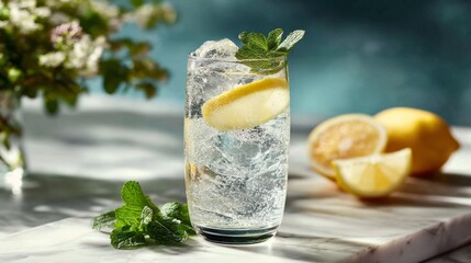 A sparkling soda served in a clear glass with ice, accompanied by a slice of lemon and a mint sprig, on a marble countertop